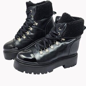 Steve Madden Womens 9M Reyen Combat Boots Black Faux Fur Lace Up Booties New